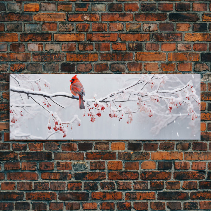 Panoramic Print of a Cardinal In A Snow Storm, Winter Decor, Christmas Centerpiece, Beautiful Animal Print, Animal Painting, Canvas Print