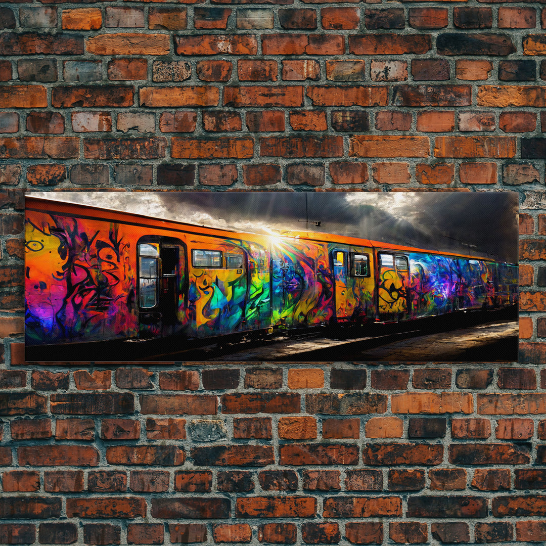 Graffiti Covered Train, Colorful Graffiti Art, Extra Large Wall Art, Framed Panoramic Canvas Print, Framed Wall Decor | Wall Art