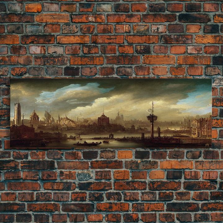 Steampunk Victorian Cityscape, Extra Large Wall Art, Framed Panoramic Canvas Print, Framed Wall Art