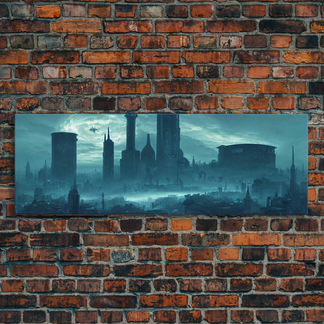 Dystopian Cyberpunk Metropolis, Steampunk Mashup, Extra Large Wall Art, Framed Panoramic Canvas Print, Framed Wall Art