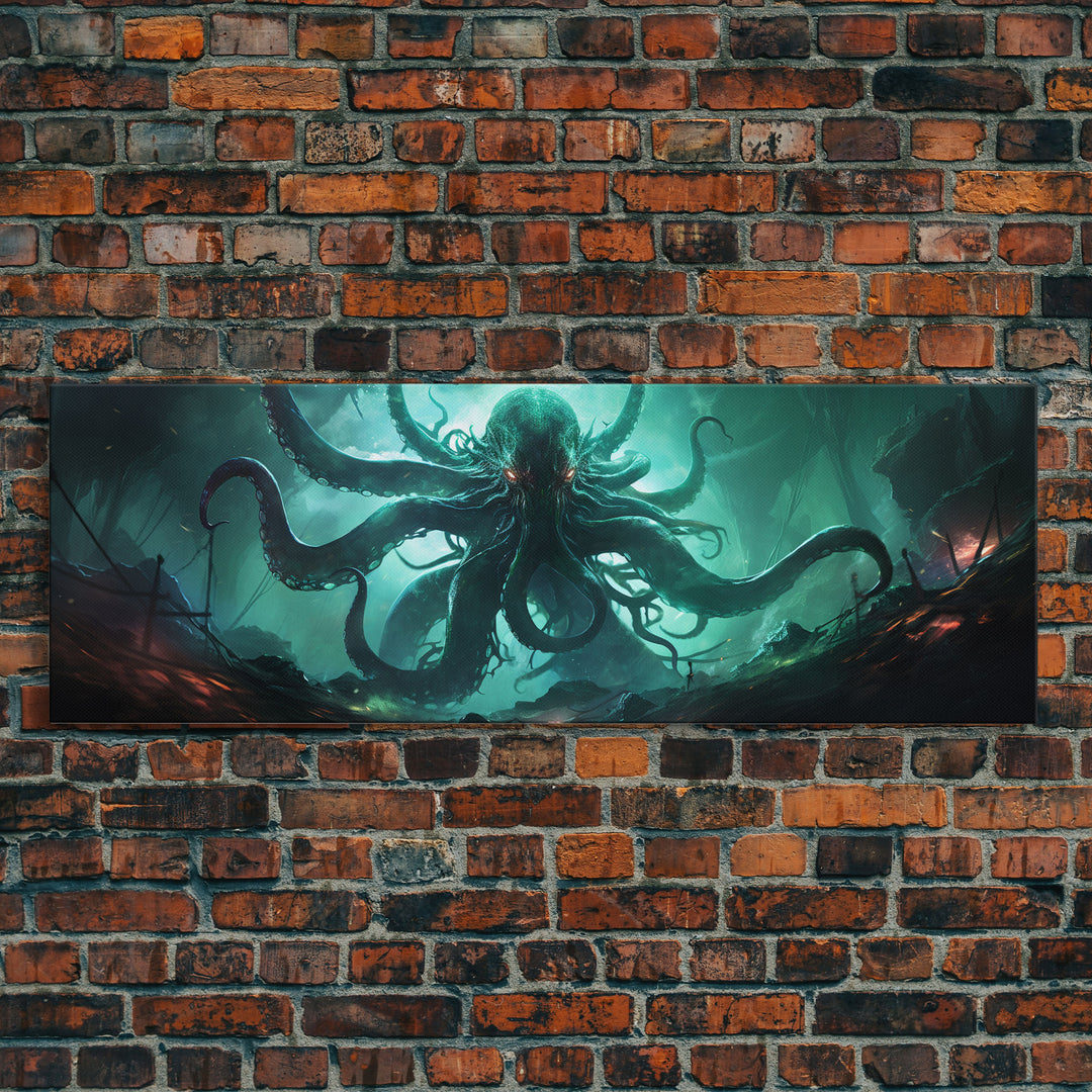 Rise Of Cthulhu Framed Canvas Print, Panoramic Call of Cthulhu H.P. Lovecraft Cosmic Horror Steampunk Gothic Darrk Art Wall Decor