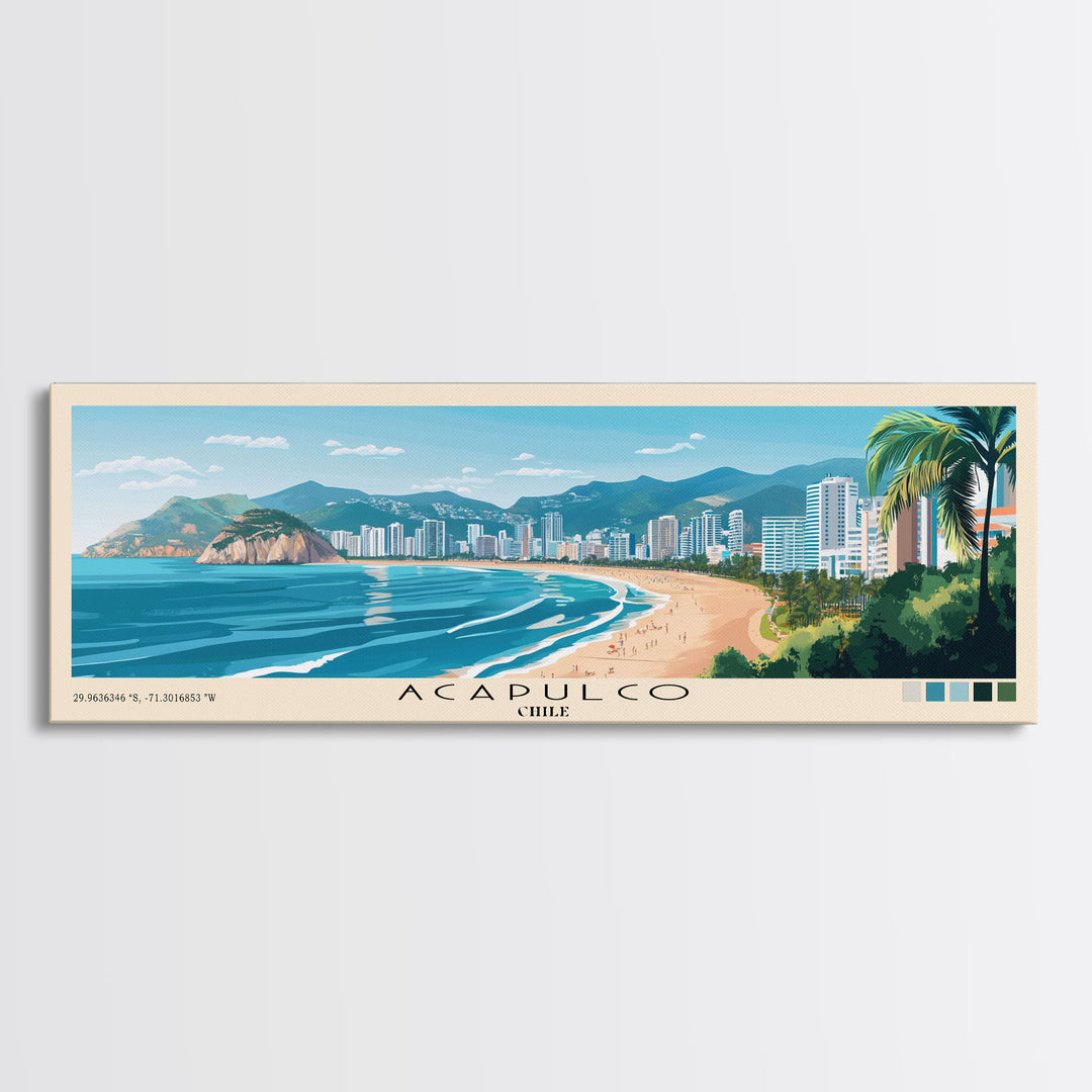 Acapulco, Chile Panoramic Beach Print, Vacation Gift, Chile Wall Art, Beach Painting, Beach Decor, Beach Painting