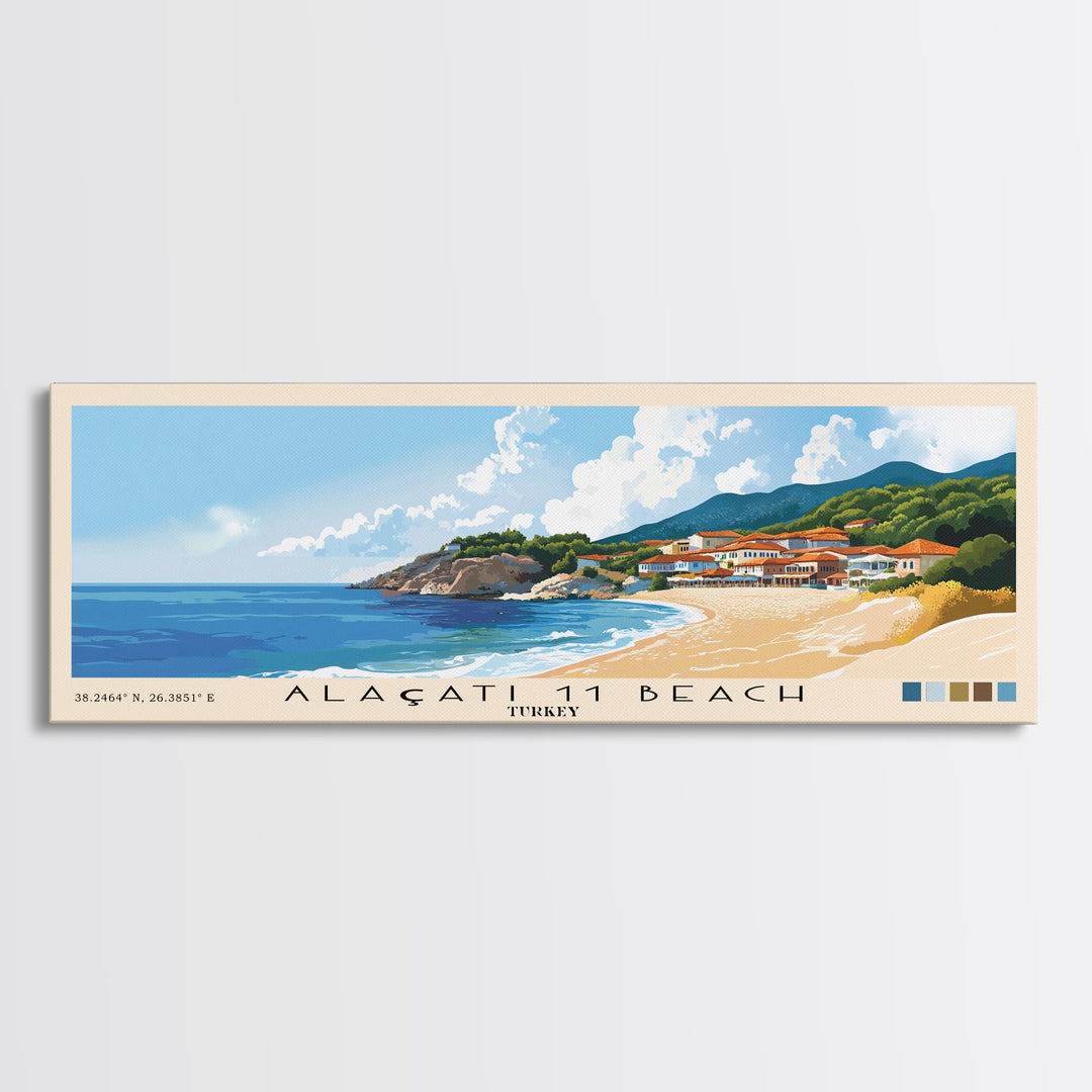 Alaçatı 11 Beach, Turkey Panoramic Beach Print, Vacation Gift, Turkey Wall Art, Beach Painting, Beach Decor, Beach Painting