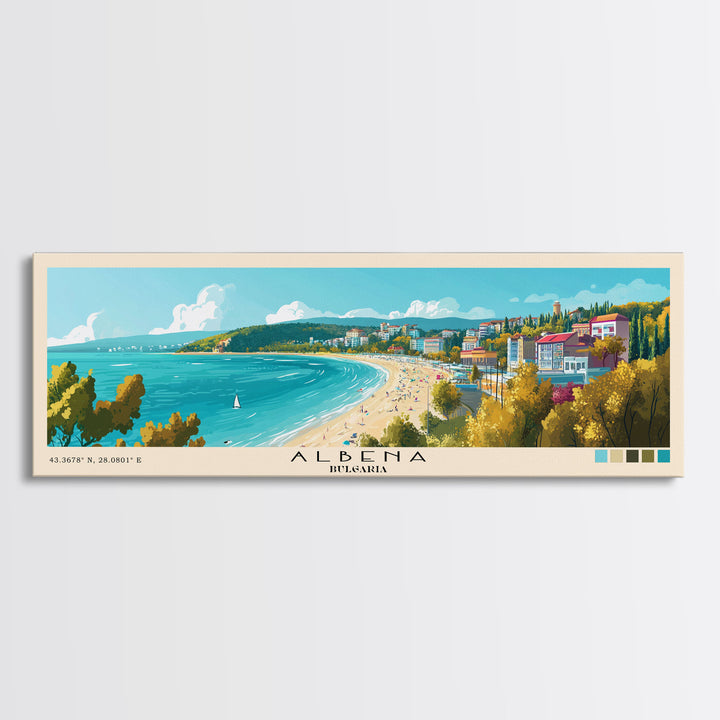 Albena, Bulgaria Panoramic Beach Print, Vacation Gift, Bulgaria Wall Art, Framed Canvas Print, Framed Beach Painting