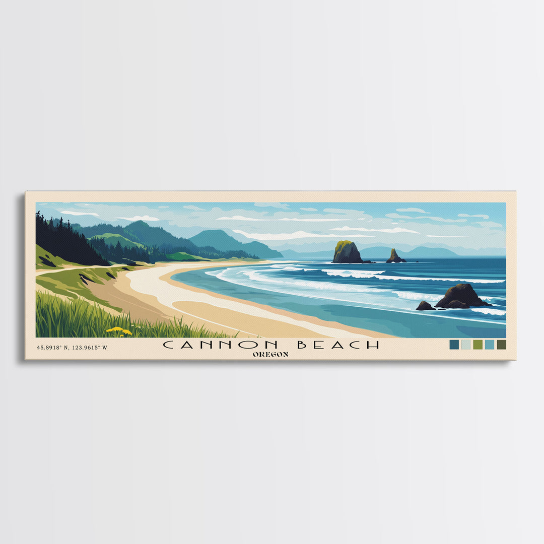 Cannon Beach, Oregon Panoramic Beach Print, Vacation Gift, Oregon Wall Art, Beach Painting, Beach Decor, Beach Painting