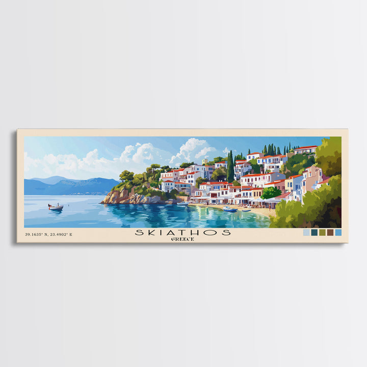 Skiathos, Greece Panoramic Beach Print, Vacation Gift, Greece Wall Art, Framed Canvas Print, Framed Beach Painting