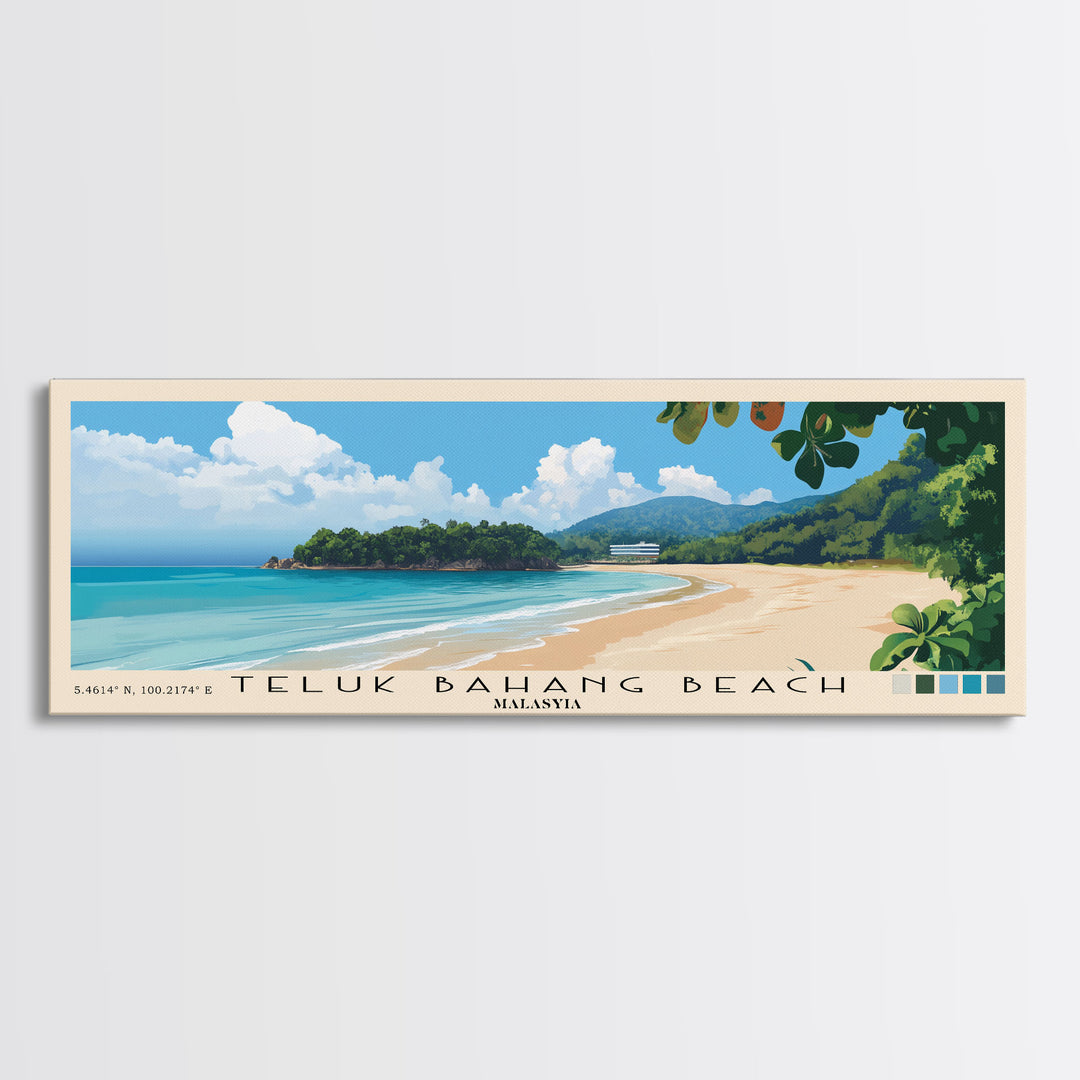 Teluk Bahang Beach, Malasyia Panoramic Print, Vacation Gift, Malasyia Wall Art, Beach Painting, Beach Decor, Large Wall Art, Wood Frame Art