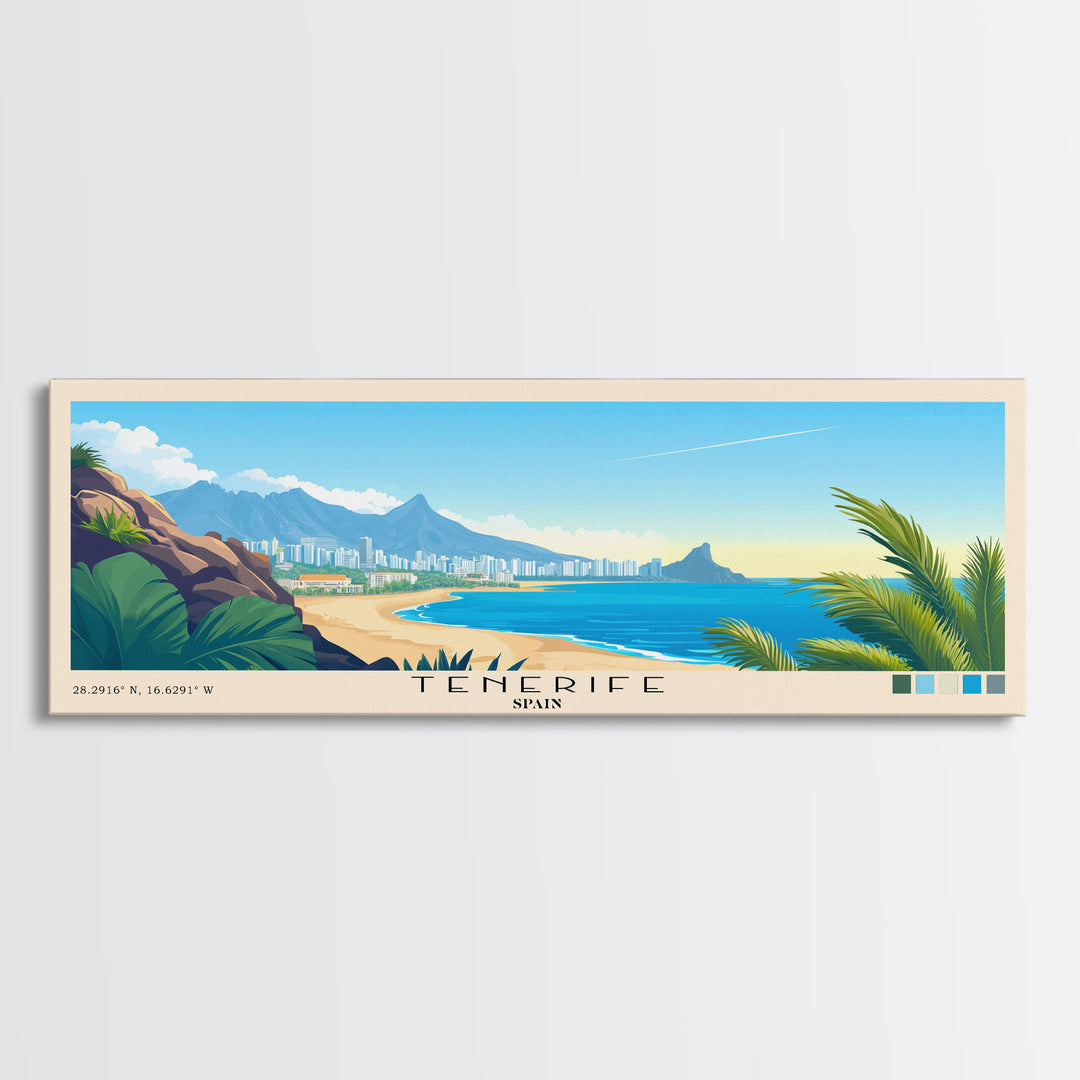 Tenerife, Spain Panoramic Beach Print, Vacation Gift, Spain Wall Art, Framed Canvas Print, Framed Beach Painting