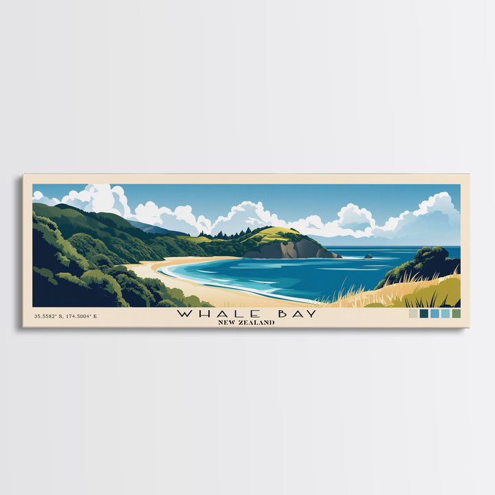 Whale Bay, New Zealand Panoramic Beach Print, Vacation Gift, New Zealand Wall Art, Framed Canvas Print, Framed Beach Painting