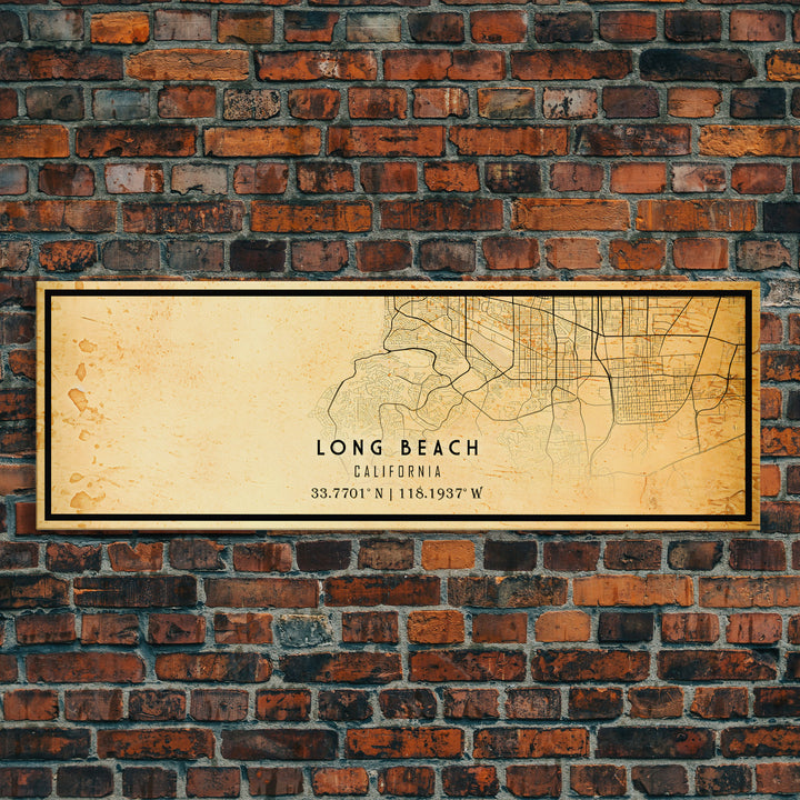 Panoramic Long Beach map print poster or framed canvas | California map print poster canvas | city map print poster canvas, distressed map