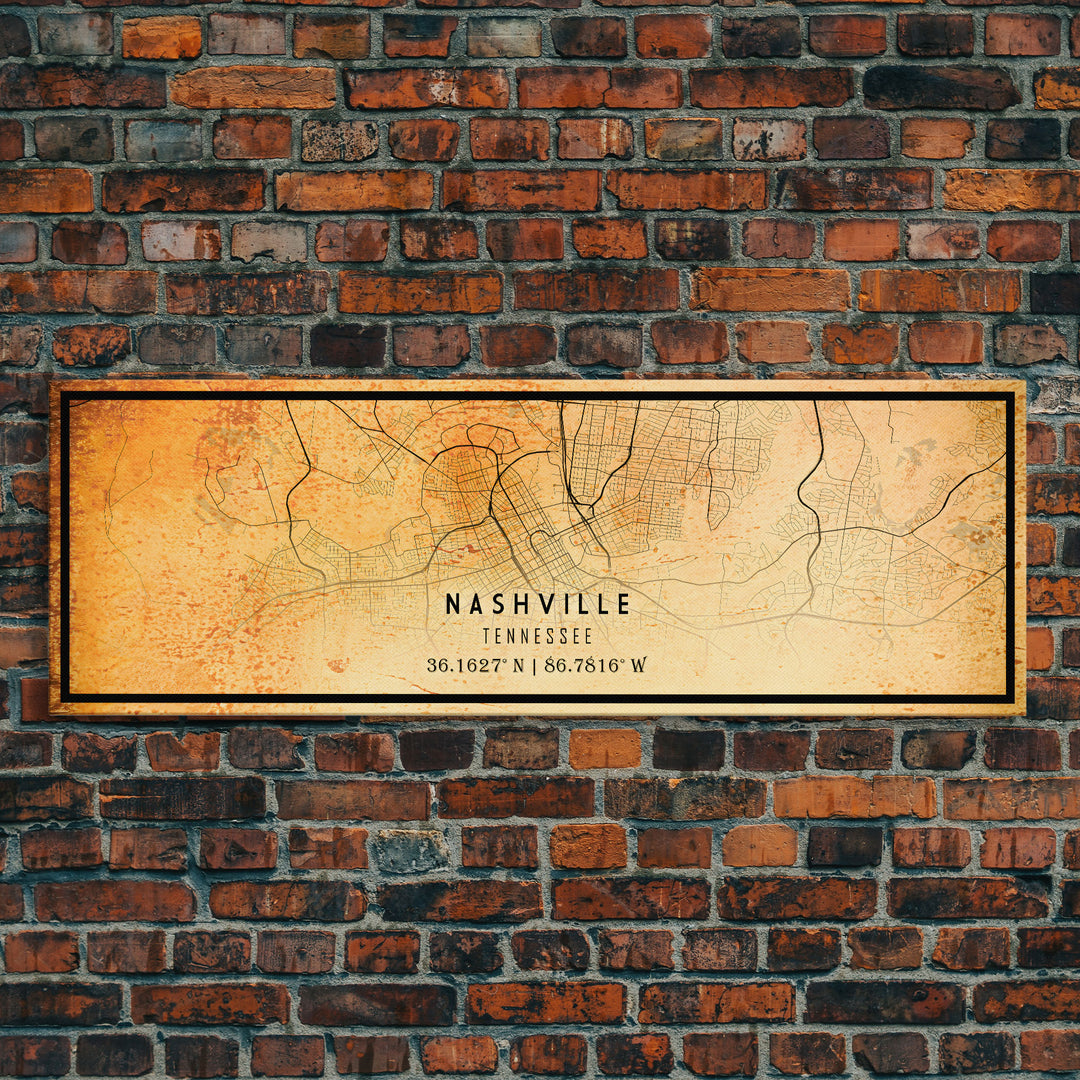 Panoramic Nashville Map Print, Framed Canvas Wall Art, Tennessee Street Map Art, Davidson City Street Road Map Wall Decor Panoramic Art