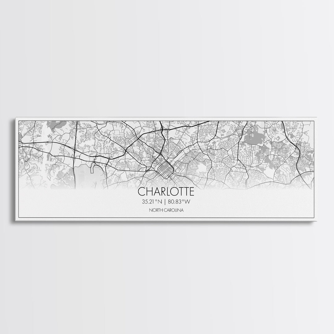 Panoramic Charlotte City Map, North Carolina Art, Map Print, Minimalist Wall Art, Canvas Art, Housewarming Gift, Street Map, Closing Gift