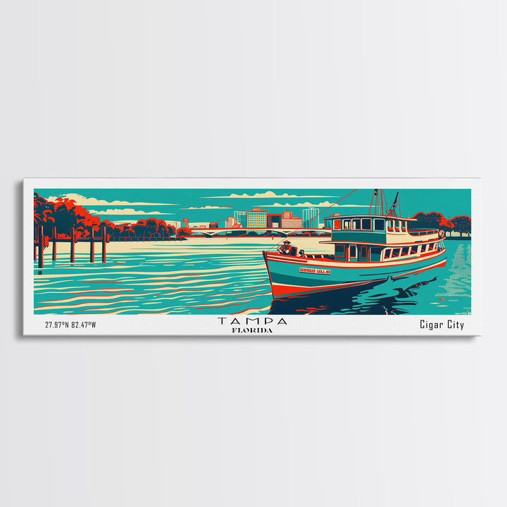 Tampa Florida Panoramic Travel Poster Framed Canvas Print, Mid Century Modern Art, Pop Art Style, Wall Art, Living Room Decor, Home Decor