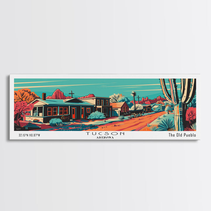 Tucson Arizona Panoramic Wall Art Framed Canvas Print, Travel Poster, Mid Century Modern Art, Pop Art Style, Wall Decor, Office Art