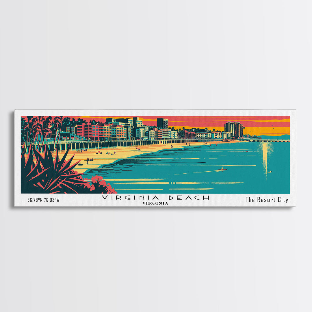 Virginia Beach Virginia Panoramic Travel Poster Framed Canvas Print, Mid Century Modern Art, Pop Art Style, Wall Art, Home Decor, Retro Style Art