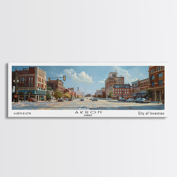 Akron Ohio Panoramic Painting, Watercolor Framed Canvas Print, Scenic Cityscape, Travel Poster, Home Decor, Wall Hanging, Living Room Art