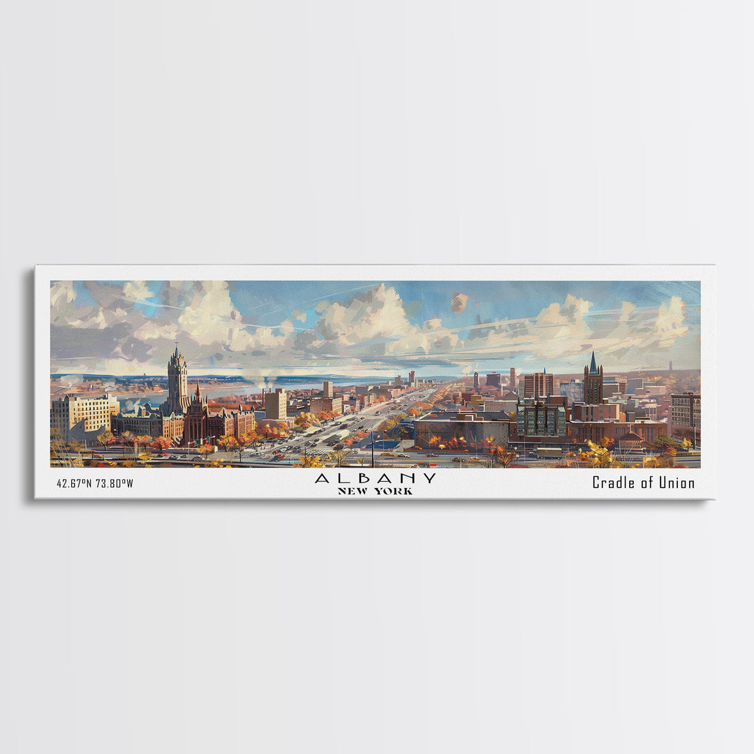 Albany New York Panoramic Painting, Watercolor Framed Canvas Print, Scenic City Art, Travel Poster, Home Decor, Wall Art, Gift Idea