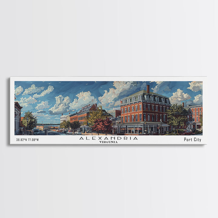 Alexandria Virginia Panoramic Painting, Watercolor Framed Canvas Print, Scenic City Art, Travel Poster, Wall Hanging, Home Decor, Living Room Art