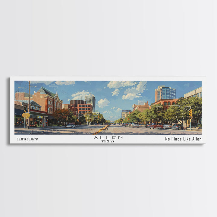 Allen Texas Panoramic Painting, Watercolor Framed Canvas Print, Scenic City Art, Travel Poster, Home Decor, Wall Hanging, Office Wall Art