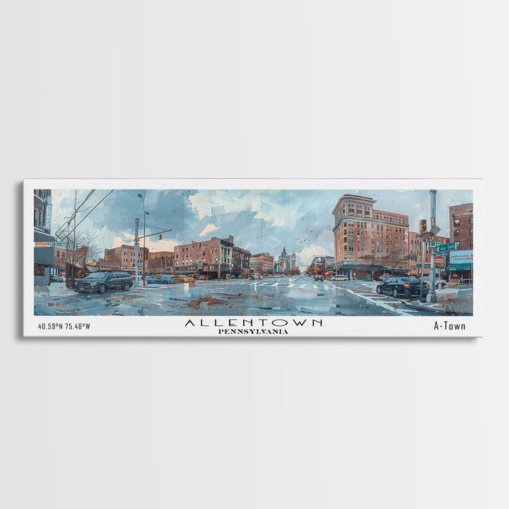 Allentown Pennsylvania Panoramic Painting, Watercolor Framed Canvas Print, Scenic City Art, Travel Poster, Home Decor, Office Wall Art, Gift Idea