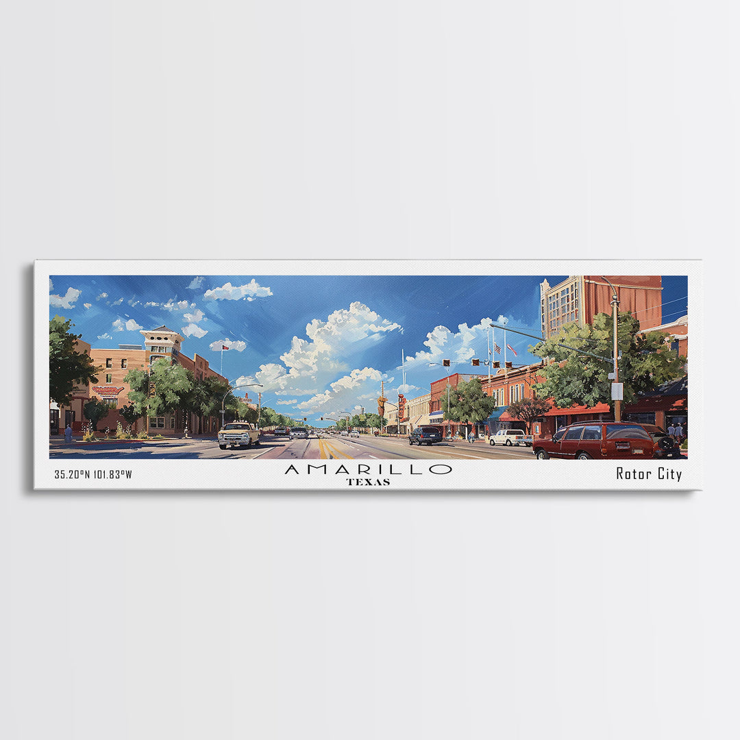 Amarillo Texas Panoramic Watercolor Painting, Framed Canvas Print, Scenic City Art, Travel Poster, Home Decor, Wall Art, Gift Idea