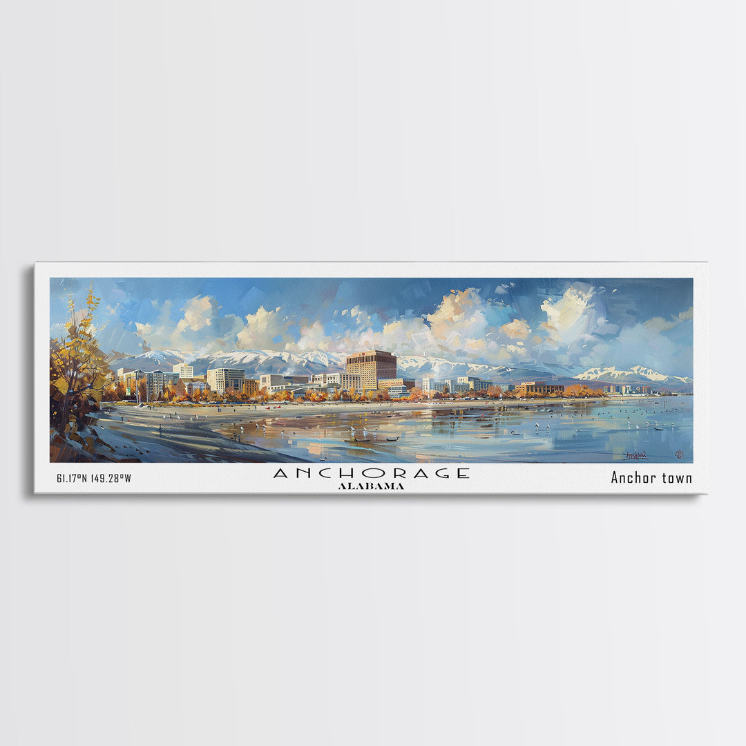 Anchorage Alaska Panoramic Painting, Watercolor Framed Canvas Print, Scenic City Art, Travel Poster, Wall Decor, Living Room Art, Office Wall Art