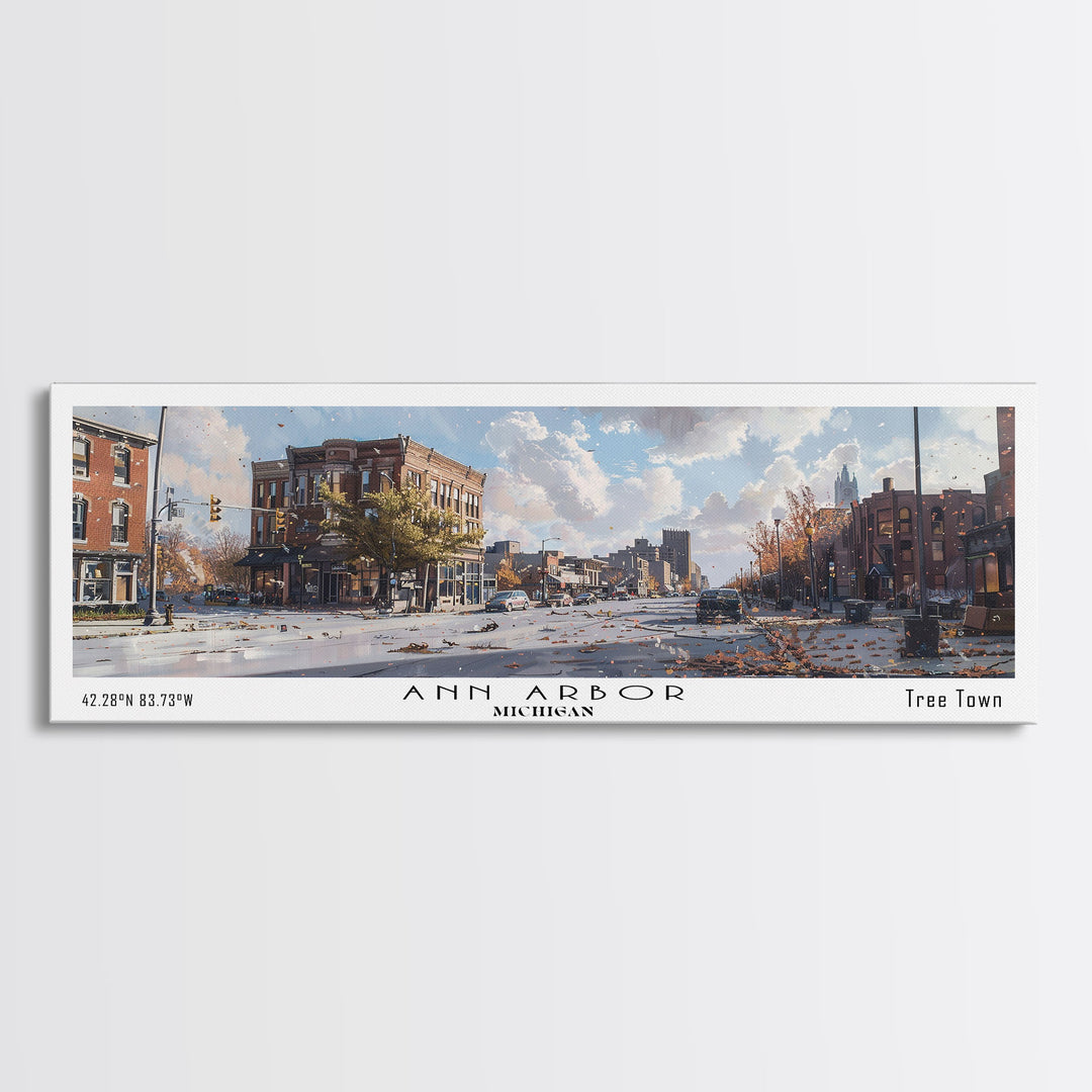 Ann Arbor Michigan Panoramic Watercolor Painting, Framed Canvas Print, Scenic City Art, Travel Poster, Home Decor, Wall Hanging, Gift Idea