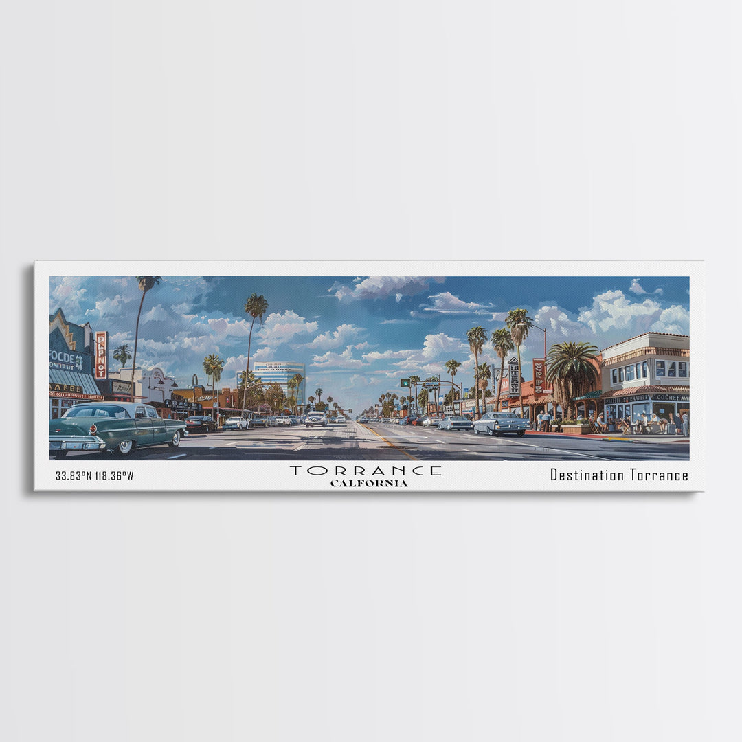 Torrance California Panoramic Framed Canvas Print, Artistic Travel Poster, Retro Wall Art, Unique Living Room Decor, Office Gift, Original Artwork