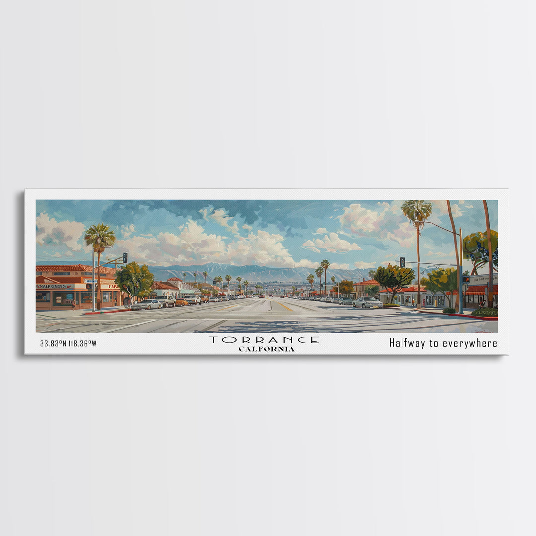 Torrance California Panoramic Art, Framed Canvas Print, Vintage Style Travel Poster, Unique Home Decor, Office Wall Art, Artistic Gift