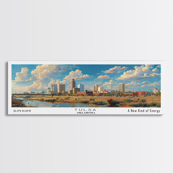 Tulsa Oklahoma Panoramic Framed Canvas Print, Retro Wall Art, Travel Poster, Artistic Living Room Decor, Unique Office Gift, Original Artwork