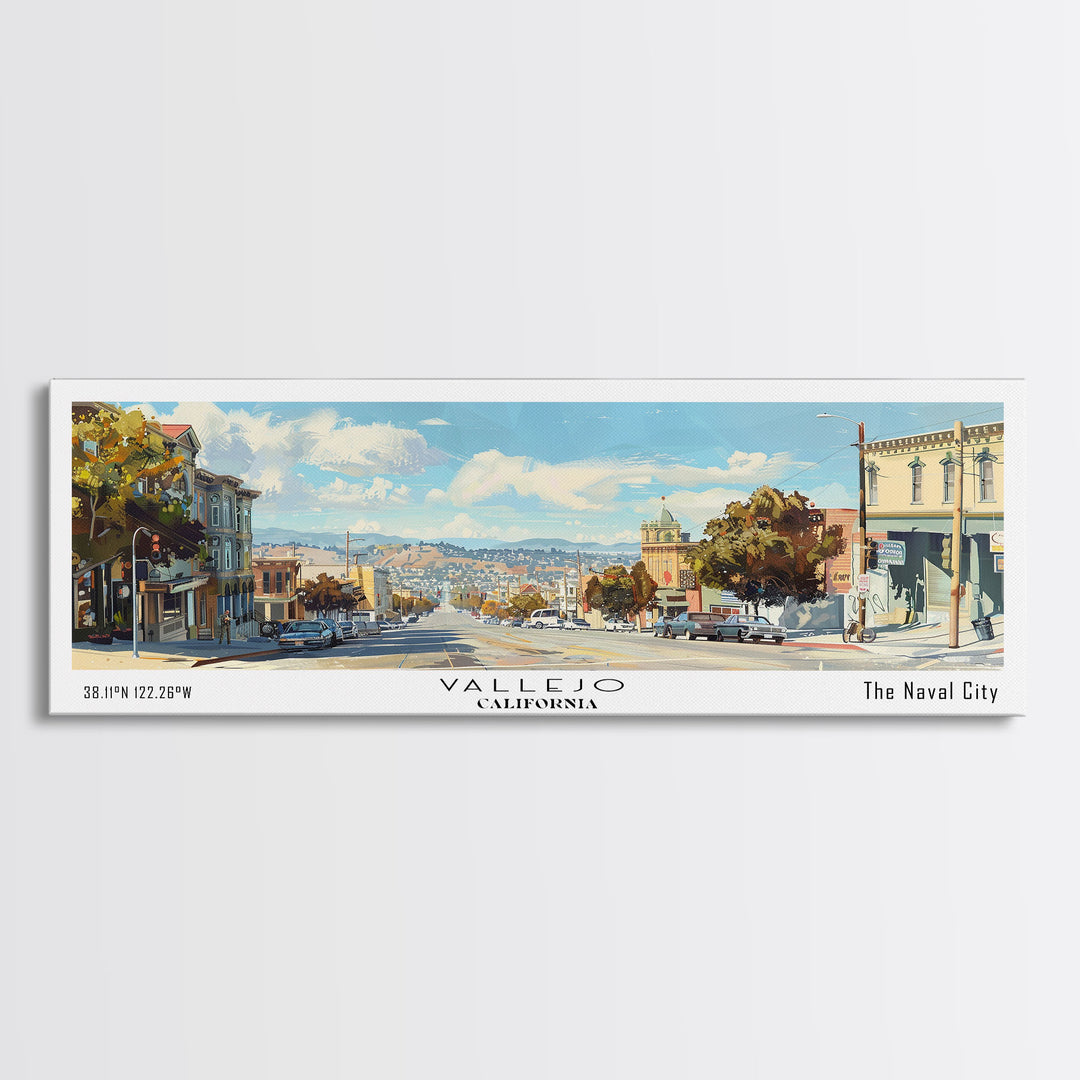 Vallejo California Panoramic Framed Canvas Print, Retro Travel Poster, Unique Wall Art, Artistic Living Room Decor, Office Gift, Home Decoration