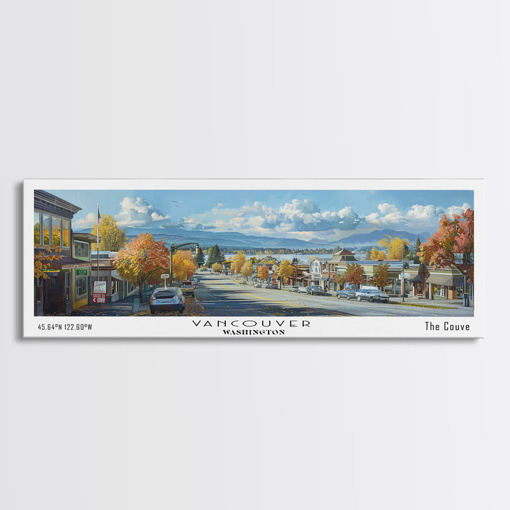 Vancouver Washington Panoramic Painting, Framed Canvas Print, Vintage Travel Poster, Artistic Wall Art, Unique Office Decor, Living Room Gift