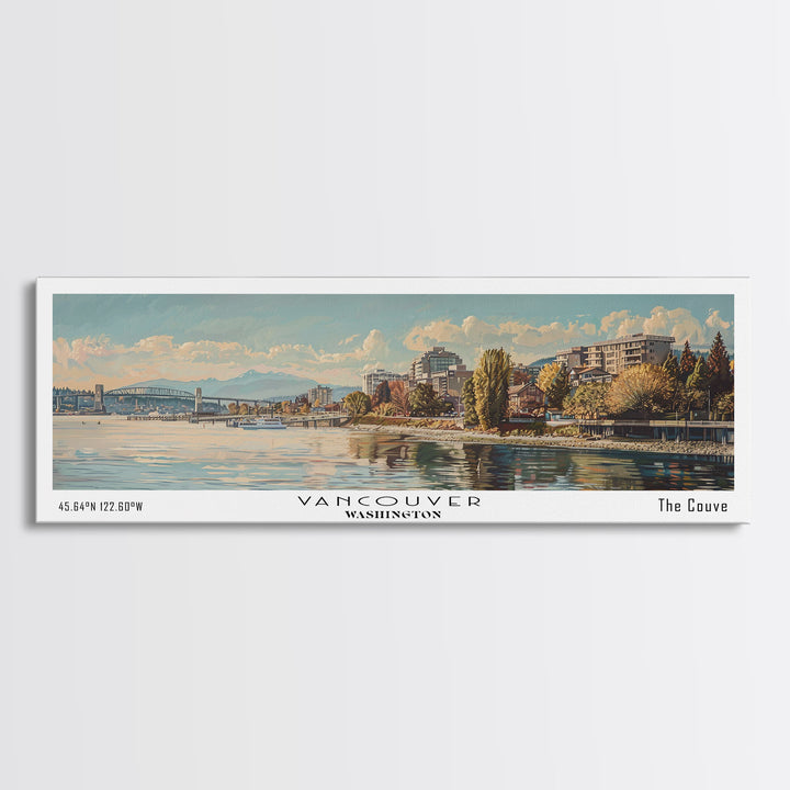 Vancouver Washington Panoramic Framed Canvas Print, Retro Style Wall Art, Unique Travel Poster, Artistic Living Room Decor, Office Gift Idea