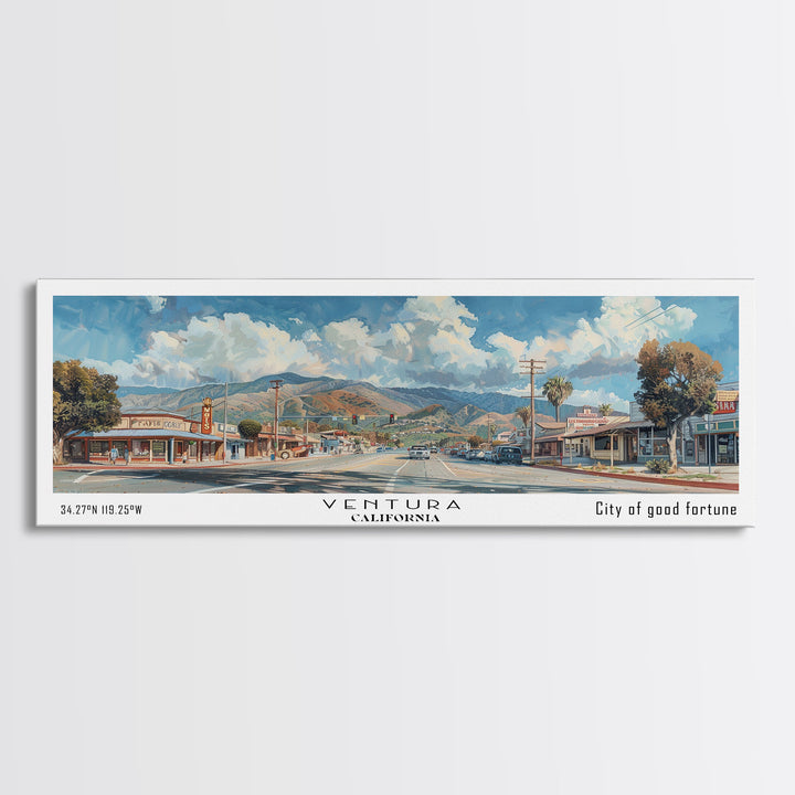 Ventura California Panoramic Painting, Framed Canvas Print, Artistic Travel Poster, Retro Wall Art, Unique Office Decor, Living Room Gift