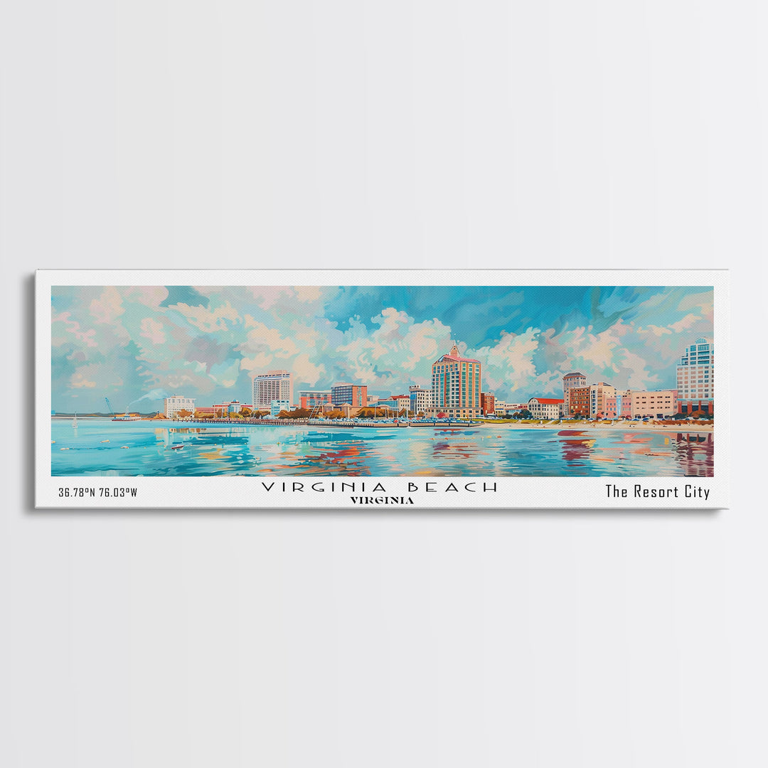 Virginia Beach Virginia Panoramic Painting, Framed Canvas Print, Retro Style Travel Poster, Unique Home Decor, Artistic Office Wall Art