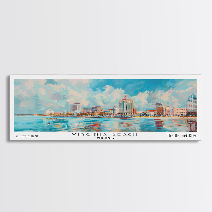 Virginia Beach Virginia Panoramic Painting, Framed Canvas Print, Retro Style Travel Poster, Unique Home Decor, Artistic Office Wall Art