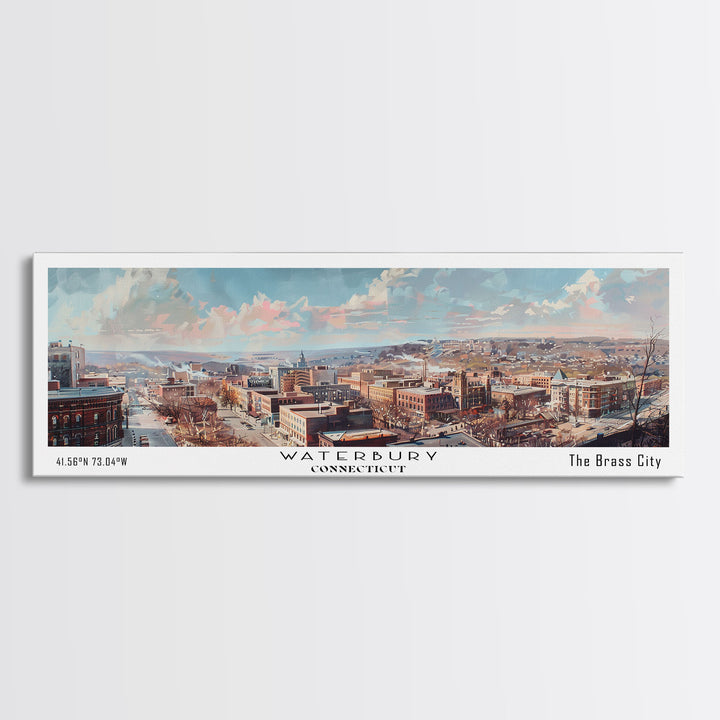 Waterbury Connecticut Panoramic Framed Canvas Print, Vintage Travel Poster, Artistic Wall Art, Unique Home Decor, Office Gift Idea