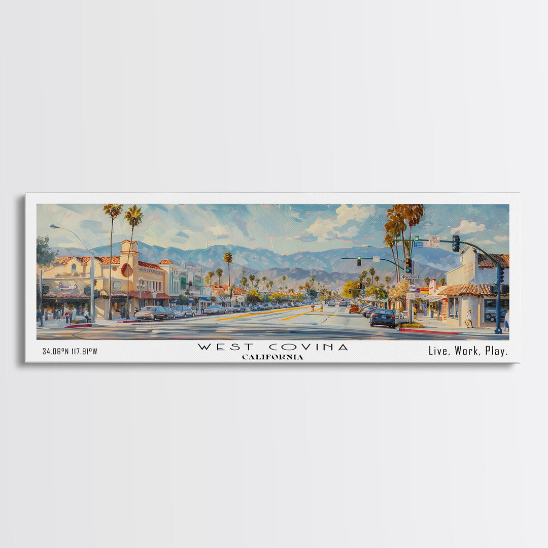 West Covina California Panoramic Framed Canvas Print, Retro Travel Poster, Unique Wall Art, Artistic Living Room Decor, Office Gift, Original Artwork