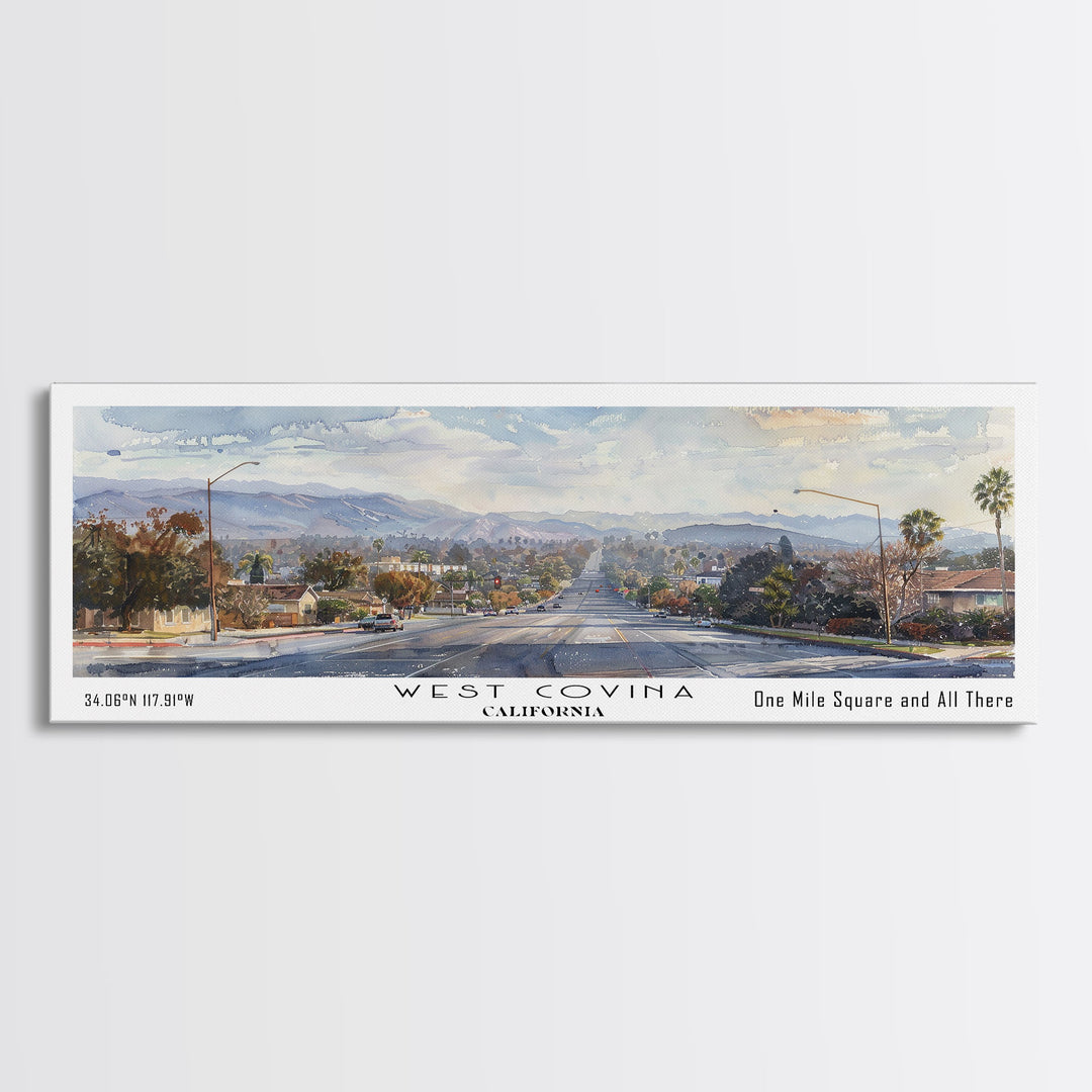 West Covina California Panoramic Painting, Framed Canvas Print, Vintage Travel Poster, Artistic Home Decor, Unique Office Wall Art