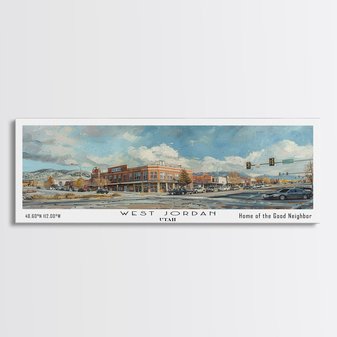 West Jordan Utah Panoramic Framed Canvas Print, Artistic Travel Poster, Retro Wall Art, Unique Living Room Decor, Office Gift Idea