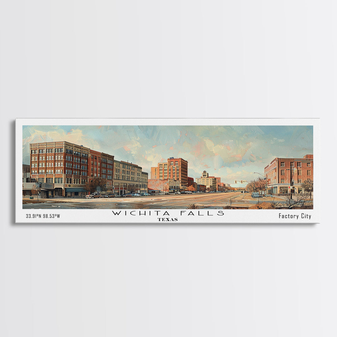 Wichita Falls Texas Panoramic Framed Canvas Print, Vintage Travel Poster, Unique Wall Art, Artistic Living Room Decor, Office Gift Idea