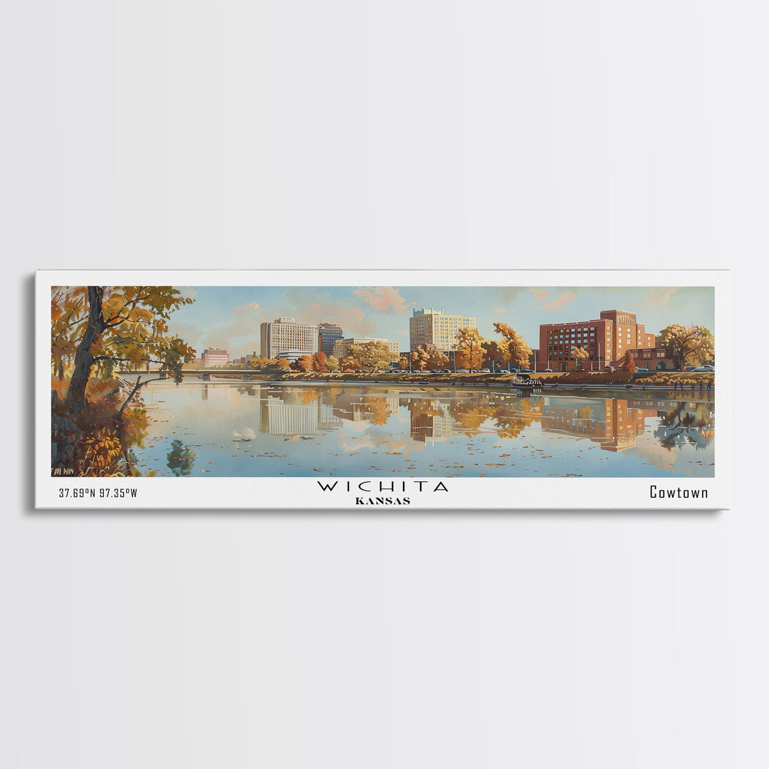 Wichita Kansas Panoramic Painting, Framed Canvas Print, Vintage Travel Poster, Artistic Home Decor, Unique Office Wall Art