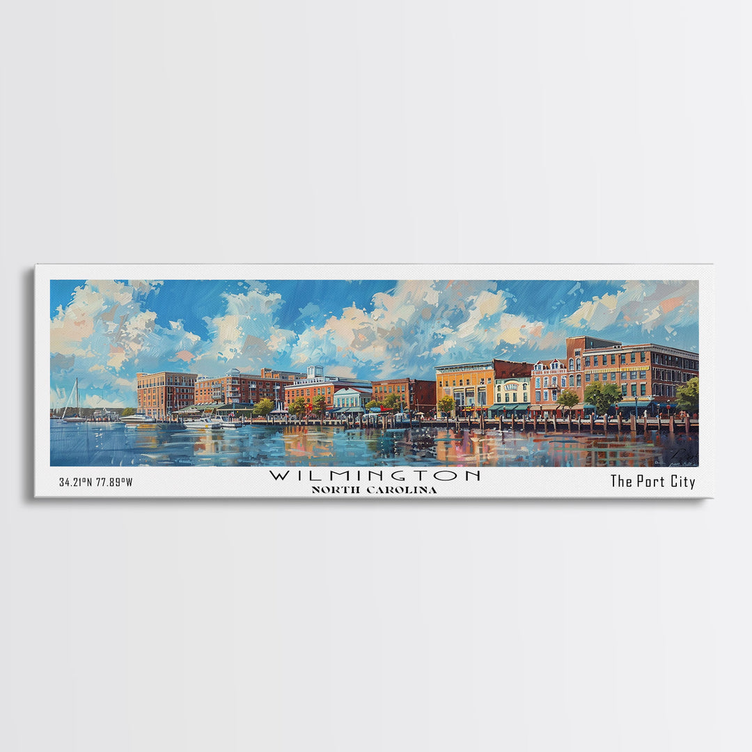 Wilmington North Carolina Panoramic Framed Canvas Print, Retro Style Travel Poster, Artistic Wall Art, Unique Office Decor, Living Room Gift