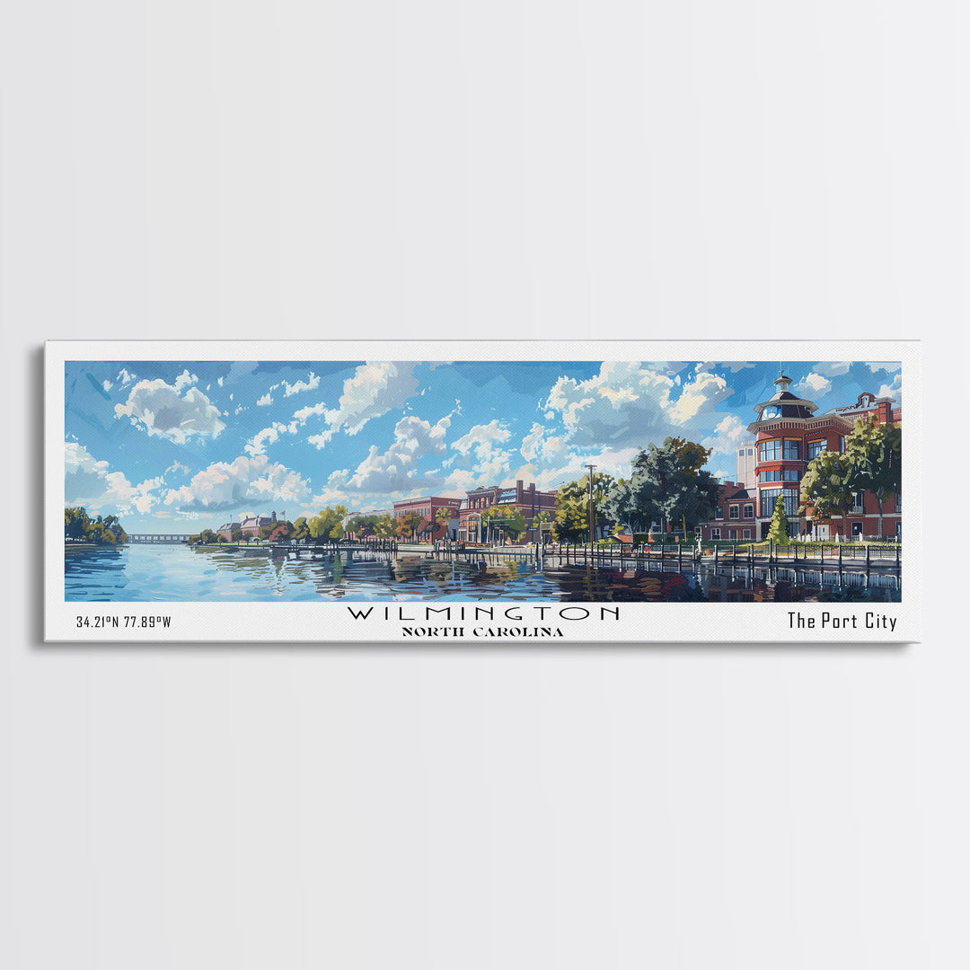 Wilmington North Carolina Panoramic Painting, Framed Canvas Print, Vintage Travel Poster, Artistic Wall Art, Unique Home Decor, Office Gift Idea