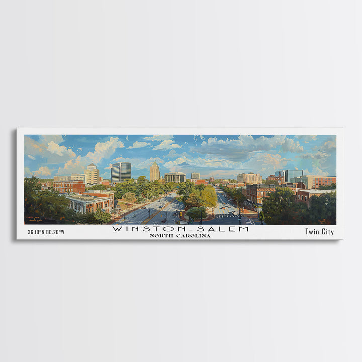 Winston-Salem North Carolina Panoramic Framed Canvas Print, Retro Travel Poster, Artistic Wall Art, Unique Living Room Decor, Office Gift, Original Artwork