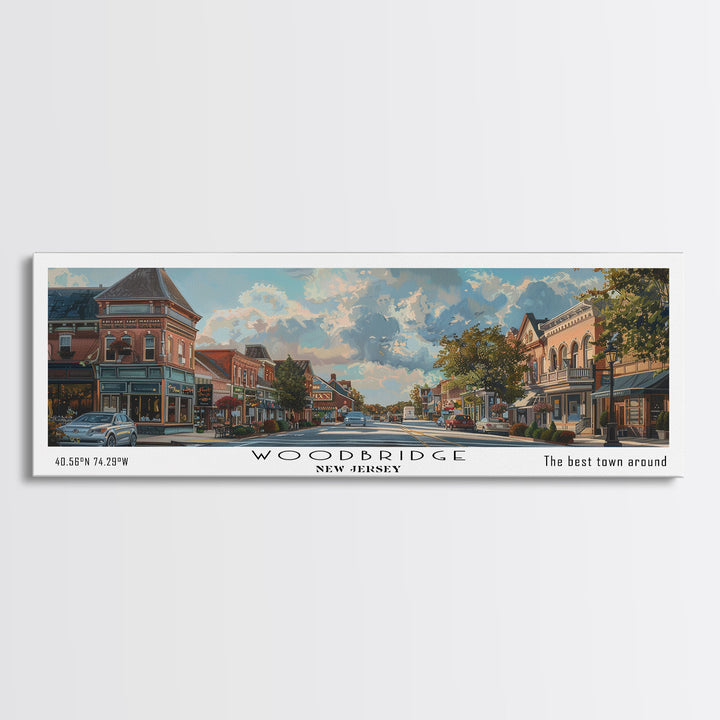 Woodbridge New Jersey Panoramic Framed Canvas Print, Artistic Travel Poster, Retro Wall Art, Unique Office Decor, Living Room Gift, Original Artwork