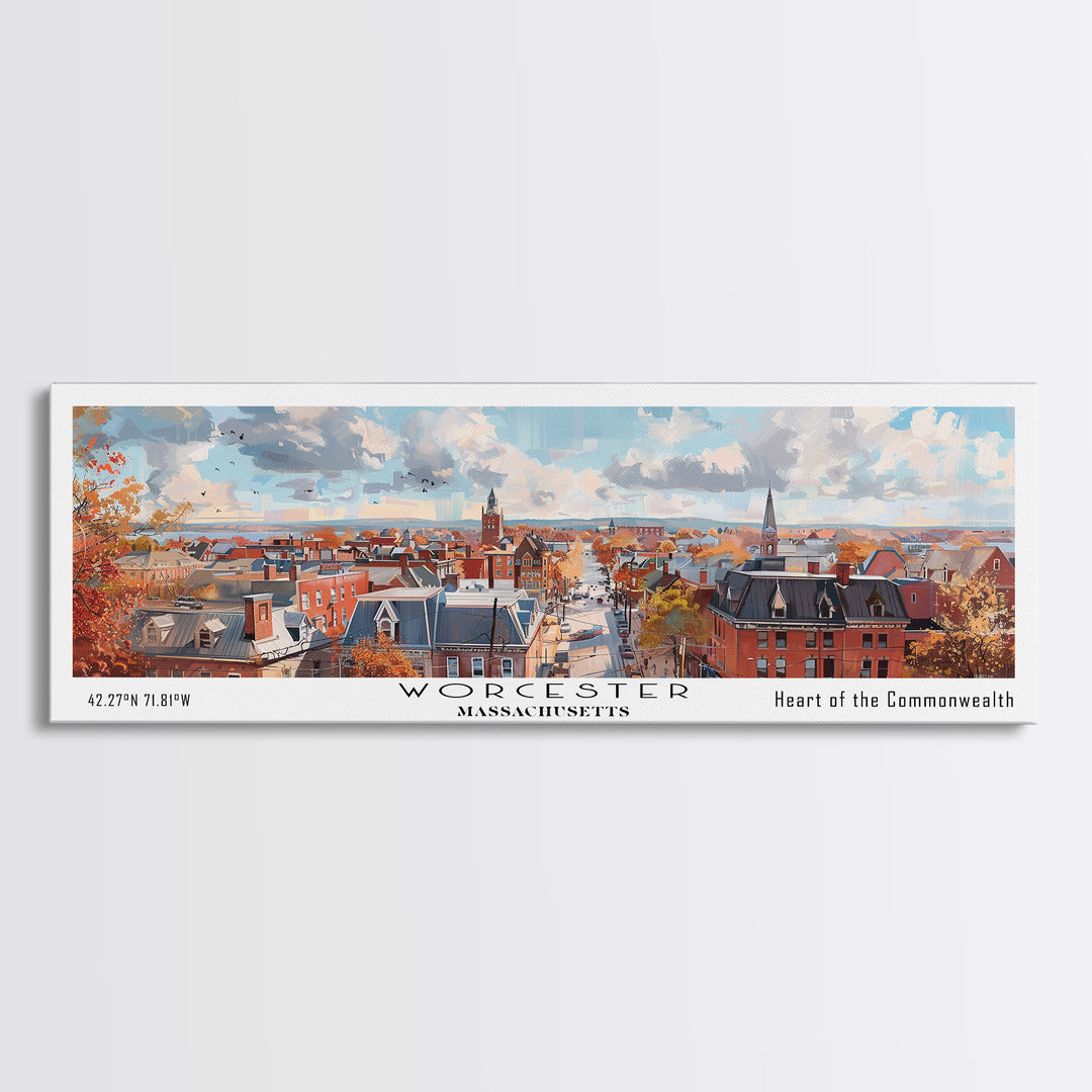 Worcester Massachusetts Panoramic Framed Canvas Print, Vintage Travel Poster, Artistic Wall Art, Unique Living Room Decor, Office Gift, Home Decoration