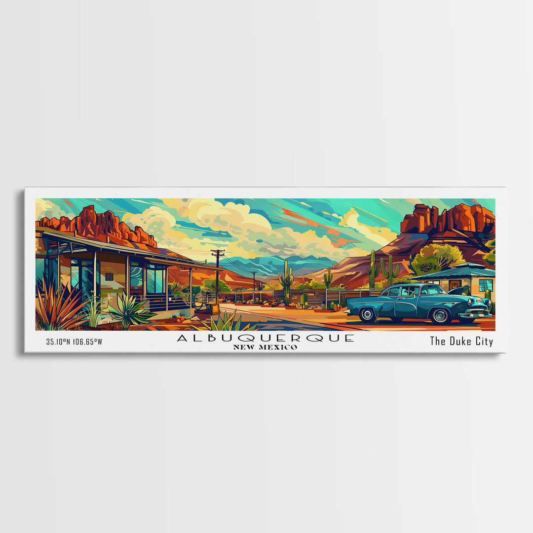 Albuquerque New Mexico Panoramic Painting Framed Canvas Print, Mid Century Modern Art, Pop Art Style, Travel Poster, Wall Art Decor