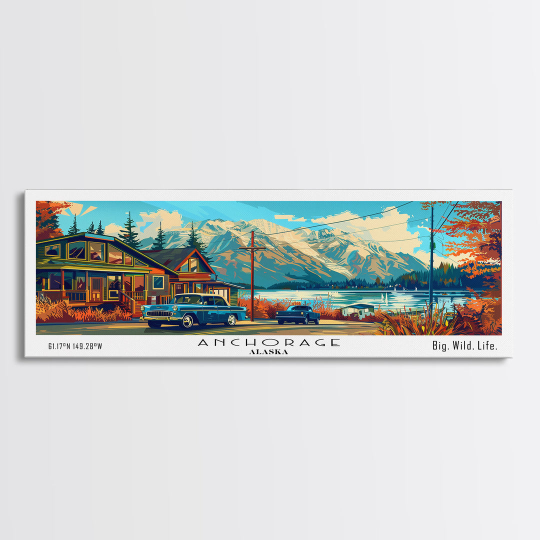 Anchorage Alaska Panoramic Travel Poster Framed Canvas Print, Mid Century Modern Art, Pop Art Style, Wall Art Decor, Home Decoration