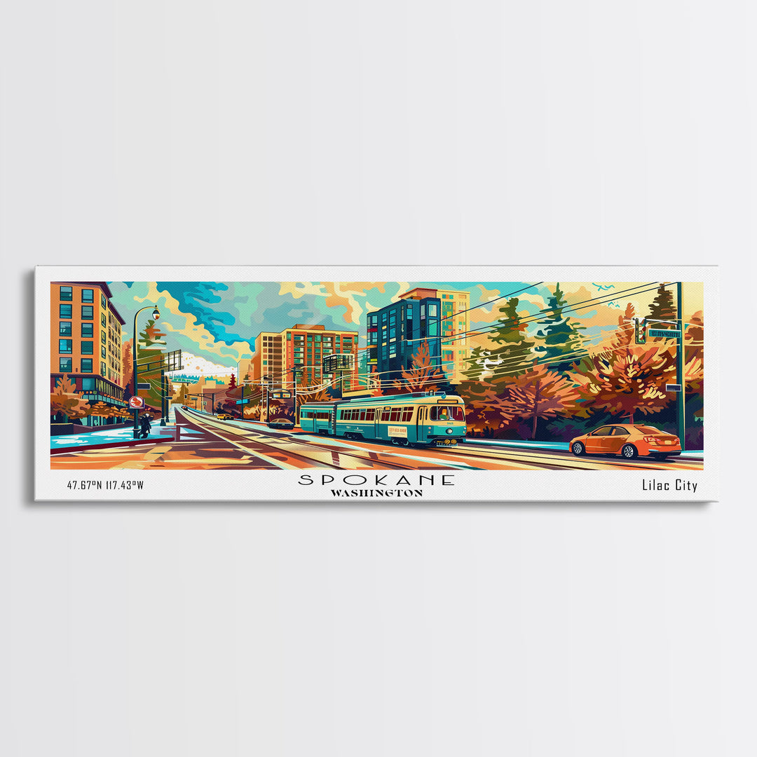 Spokane Washington Panoramic Painting, Mid Century Modern Framed Canvas Print, Retro Pop Art Travel Poster, Wall Decor, Office Art